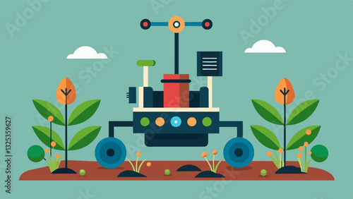 With multiple sensors and cameras an autonomous weeding robot can detect and remove even the smallest and most hidden weeds.. Vector illustration