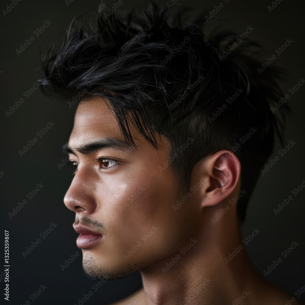 Unveiling elegance: Captivating side profile of a striking muscular Japanese man in high fashion Unveiling elegance: Captivating side profile of a striking muscular Japanese man in high fashion