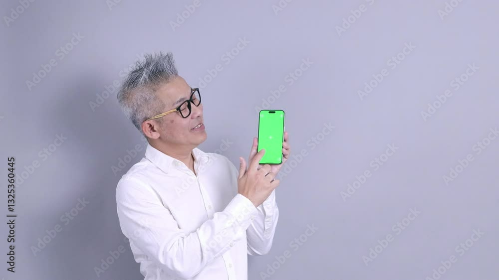 An East Asian senior businessman in a white shirt with glasses and grey hair is standing against a grey background. An East Asian senior businessman in a white shirt with glasses and grey hair is standing against a grey background.