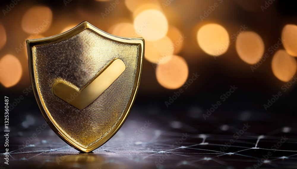 Fototapeta premium A golden shield emblem with a checkmark reflects security and trust, set against a blurred backdrop of warm lights.