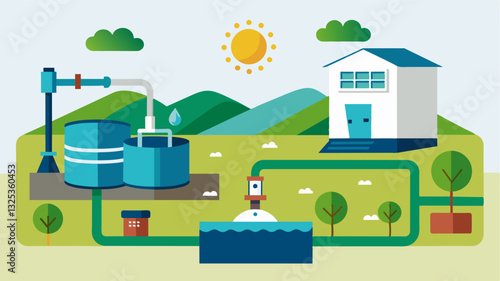 Water Recycling An illustration of a water treatment plant attached to a smart farm where wastewater is processed and reused for irrigation.. Vector illustration