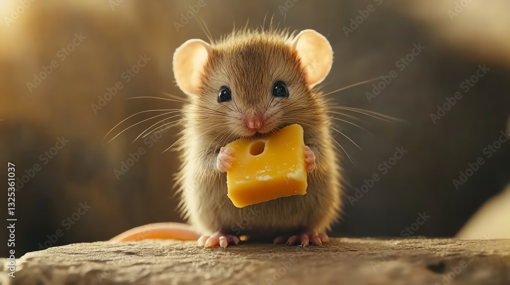 A cute mouse holds a piece of cheese, showcasing its adorable features against a blurred natural backdrop. A cute mouse holds a piece of cheese, showcasing its adorable features against a blurred natural backdrop.