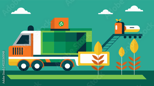 To reduce labor costs and increase efficiency an autonomous harvester is able to autonomously dock with a designated loading zone depositing harvested crops for transportation.. Vector illustration