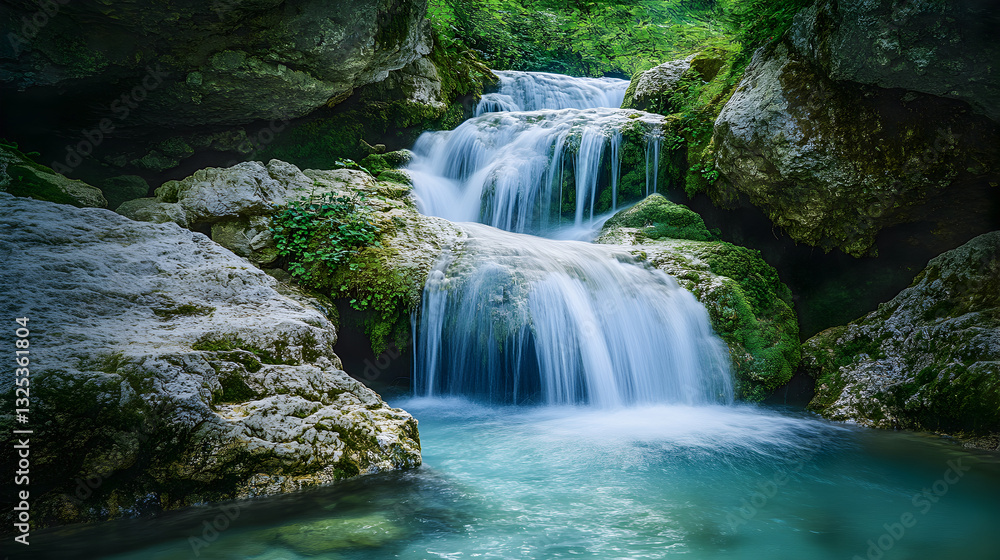 Generated image, Beautiful waterfall in the middle of nature, with blue water, green mossy and rock to accompany you. Generated image, Beautiful waterfall in the middle of nature, with blue water, green mossy and rock to accompany you.