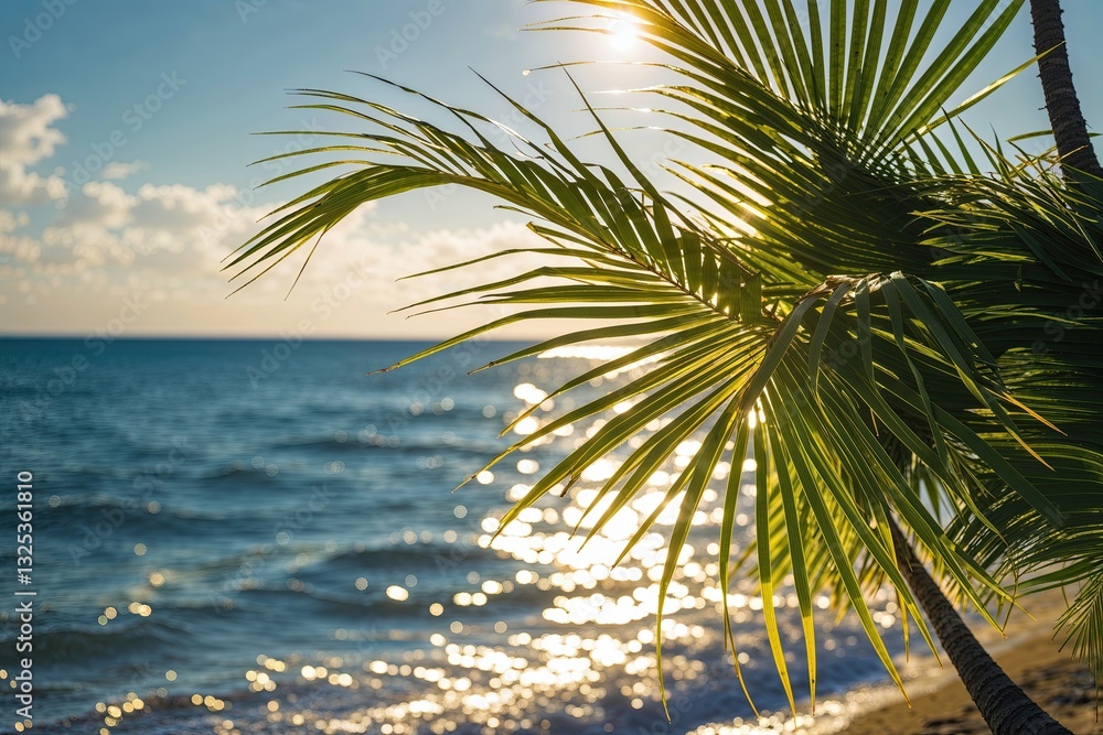 Fototapeta premium Dazzling Light Dance on Palm Leaves by Sparkling Shoreline