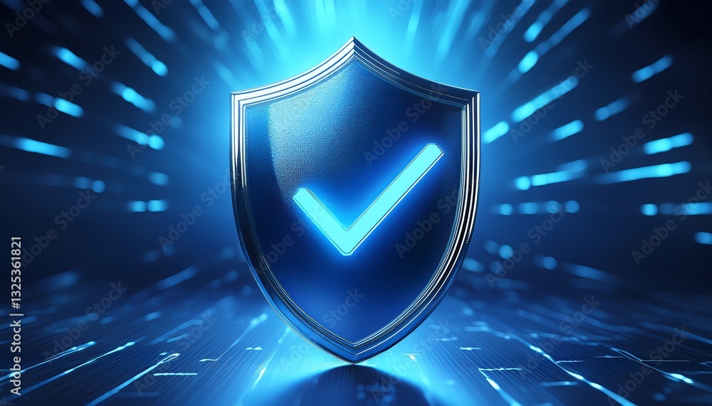 Fototapeta premium A glowing blue shield with a check mark, symbolizing security and protection in a digital environment.