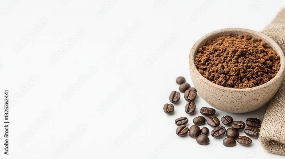 Closeup of freshly roasted coffee beans in a natural jute sack with a wooden scoop for scooping the aromatic grounds Closeup of freshly roasted coffee beans in a natural jute sack with a wooden scoop for scooping the aromatic grounds