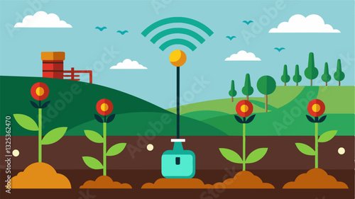 Wireless sensors p strategically in the soil that send data to the central nutrient delivery system allowing for precise and accurate fertilization.. Vector illustration