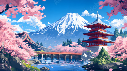 Japanese style background, A famous place in Japan with Chureito Pagoda and Mount Fuji during the spring
