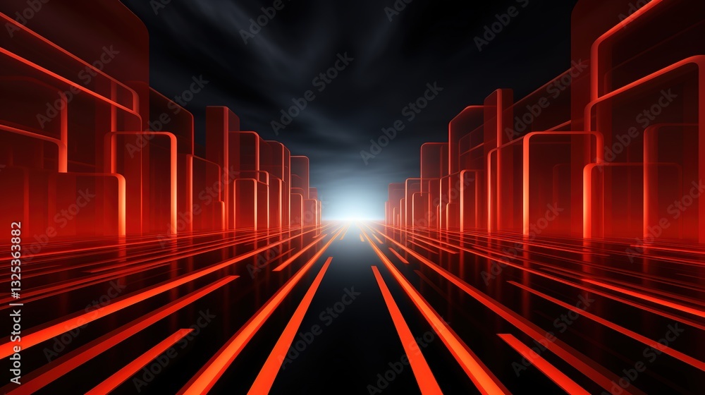 Fototapeta premium Red and Orange Linear Lines Moving into the Sky with Light Black and Red, Art Deco Futuristic Style. Op Art and Linear Perspective in Ultra High Definition.