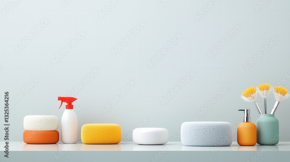A tidy and stylish arrangement of various household cleaning supplies and personal care products including spray bottles sponges and brushes in a minimalist and contemporary design A tidy and stylish arrangement of various household cleaning supplies and personal care products including spray bottles sponges and brushes in a minimalist and contemporary design