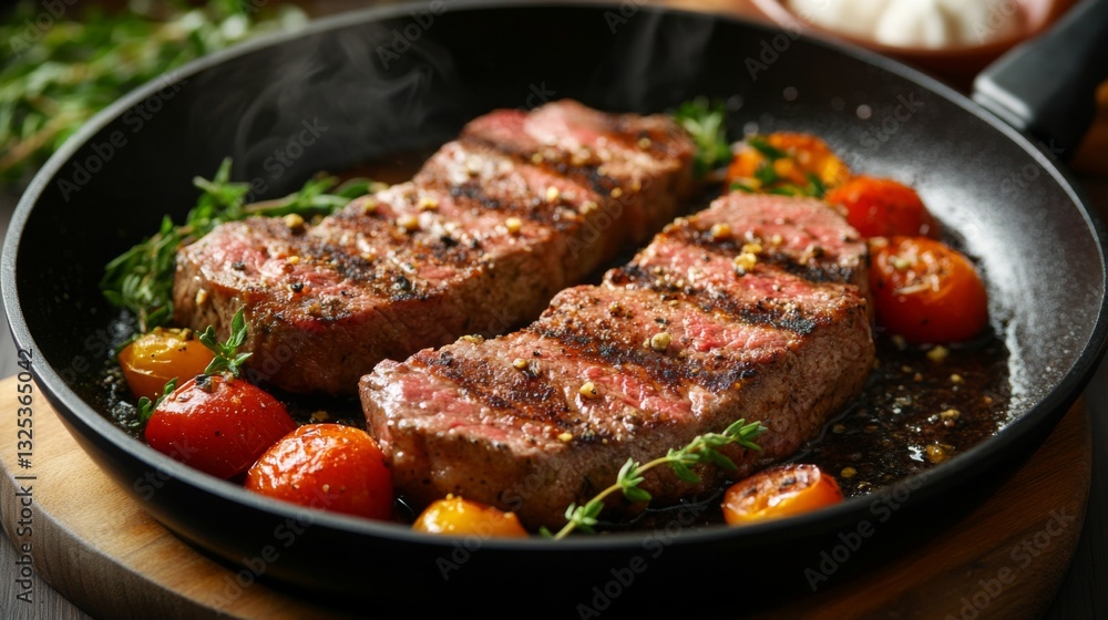 Delicious grilled steak with cherry tomatoes in skillet, perfect for gourmet meal and dining inspiration Delicious grilled steak with cherry tomatoes in skillet, perfect for gourmet meal and dining inspiration