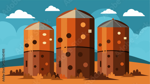 The silos metal exterior is riddled with holes and rusted patches exposing its frailty and vulnerability to the harsh elements. It serves as a metaphor for the decline and. Vector illustration