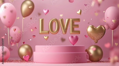 Romantic love scene with pink and gold balloons, hearts floating in joyful celebration