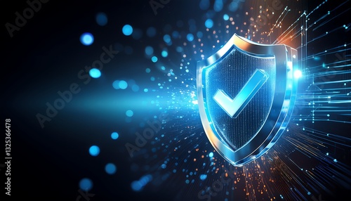 A glowing shield with a check mark symbolizes digital security and protection in a vibrant, futuristic style.