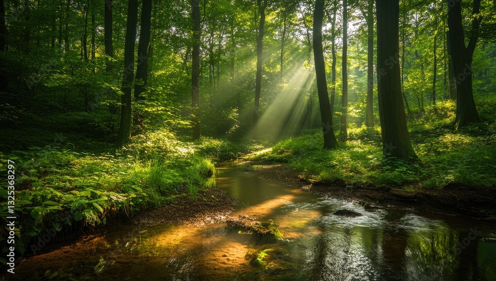 Fototapeta premium Sunlight streams through forest creek