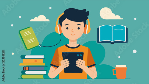 A young student delicately balances a tablet in their hands intently watching an audiobook as they follow along with the text on the screen.. Vector illustration
