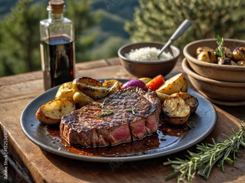 Italian Bistecca alla Fiorentina, A thick, rare Florentine steak resting on an iron skillet