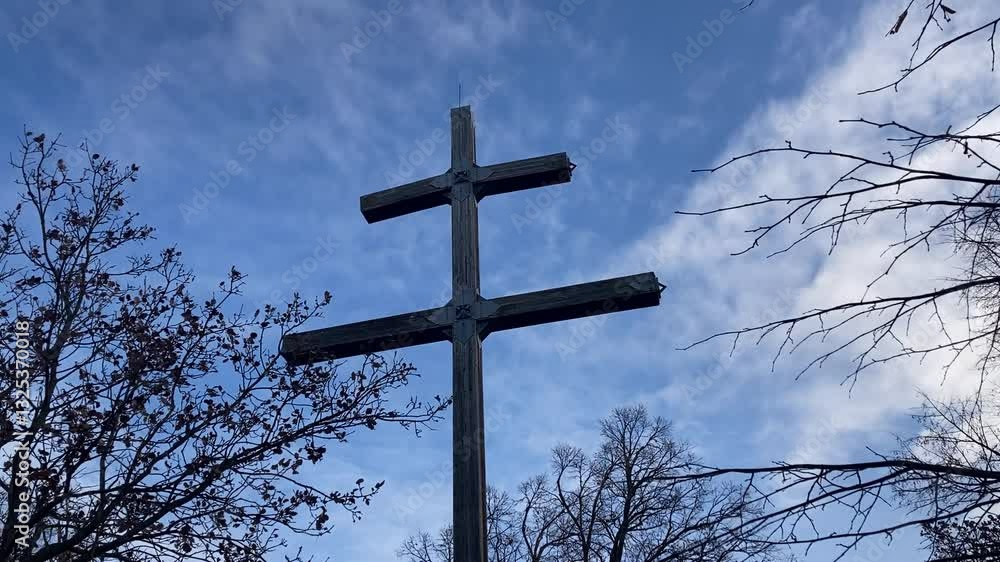 Double Orthodox cross. Sky in the background. Religion. Faith. Double Orthodox cross. Sky in the background. Religion. Faith.