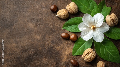 Elegant White Flower Surrounded by Green Leaves and Brown Stones in Natural Setting