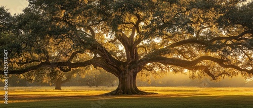 Breathtaking View of Oak Tree in Lush Green Field, Nature Landscape Picture
