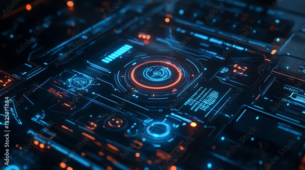 A futuristic digital interface with glowing blue and orange elements, showcasing intricate circuits and technology. A futuristic digital interface with glowing blue and orange elements, showcasing intricate circuits and technology.