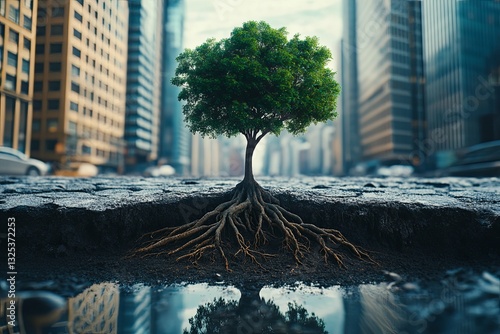 A lone tree flourishes with roots exposed within a city scene