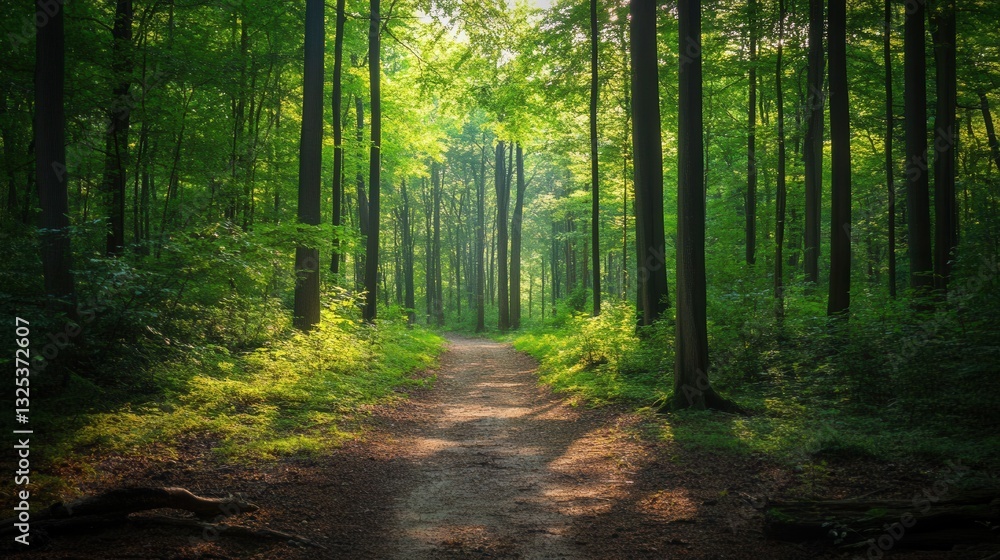Obraz premium Serene forest path invites exploration under filtered sunlight among tall trees