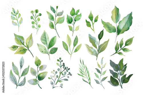 Watercolor Leaf Branches On Transparent Background. Botanical Illustration, Pattern