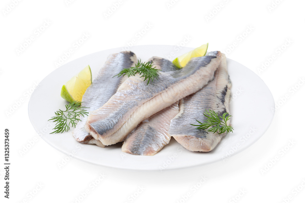 Marinated herring fillets with lime and dill isolated on white Marinated herring fillets with lime and dill isolated on white