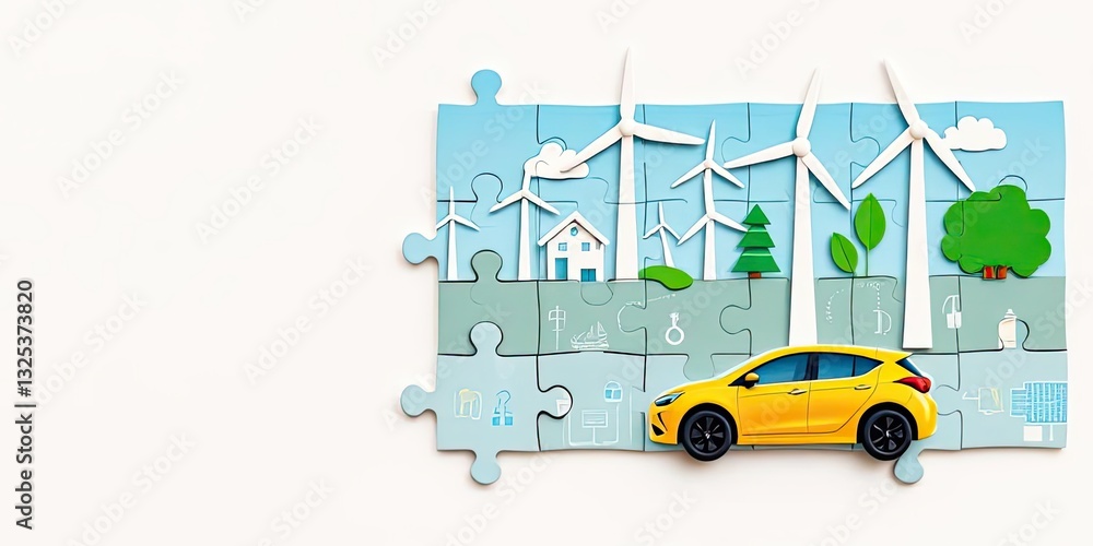 Naklejka premium Green Energy Puzzle Eco Friendly Car Windmills and Sustainable Living