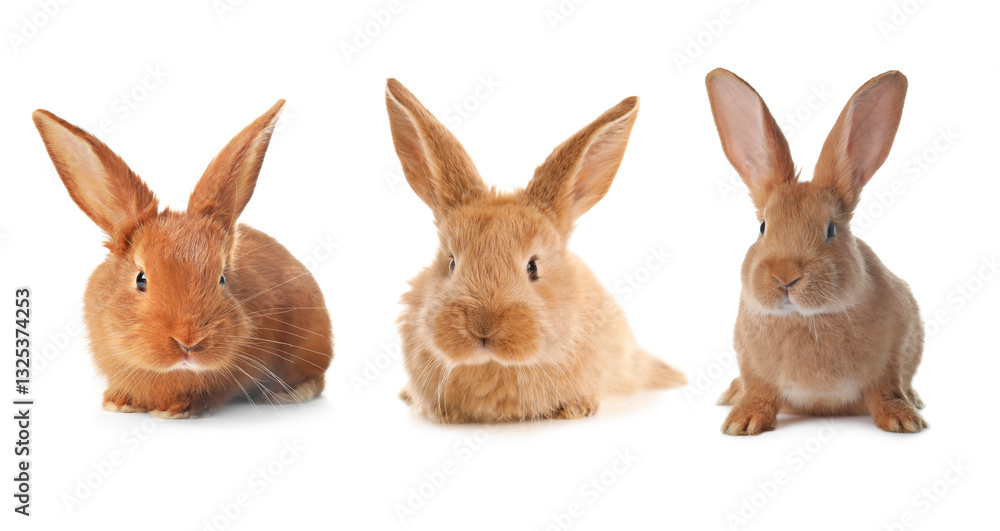 Cute fluffy rabbits isolated on white, set Cute fluffy rabbits isolated on white, set