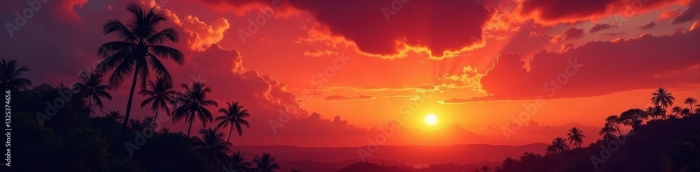 Fototapeta premium Silhouetted palm trees against fiery Bali sunset, silhouette, amazing, bali landscape