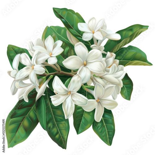 White Gardenia Flowers With Lush Green Leaves. Vector Illustration For Cards Or Design