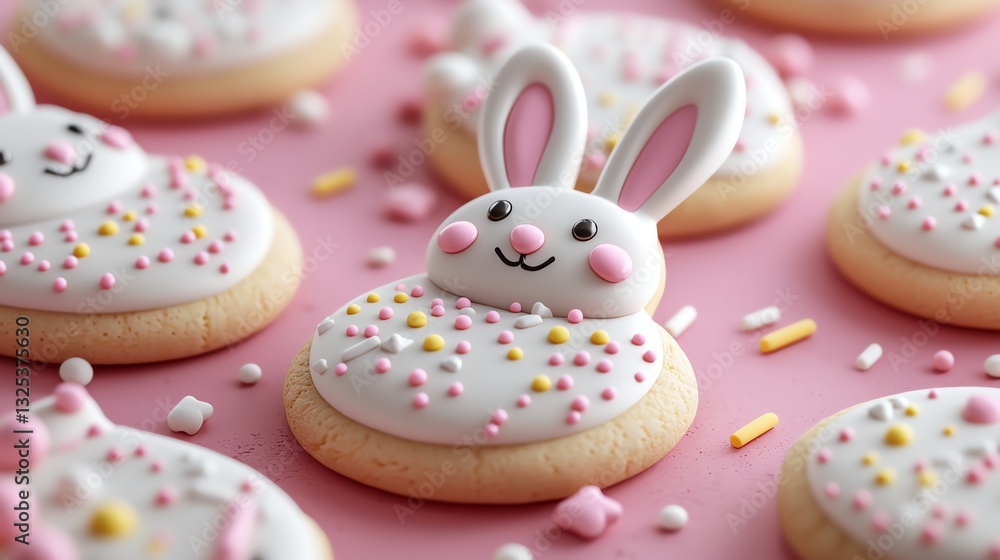 Cute bunny-shaped cookies decorated with pastel icing and sprinkles, perfect for Easter celebrations. Cute bunny-shaped cookies decorated with pastel icing and sprinkles, perfect for Easter celebrations.