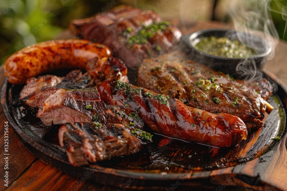Grilled Delights A Sizzling Platter of Steak Sausages and Fresh Herbs with Steam Rising Grilled Delights A Sizzling Platter of Steak Sausages and Fresh Herbs with Steam Rising