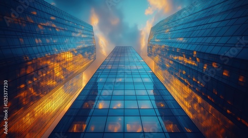 Wallpaper Mural A towering glass skyscraper stands amidst a bustling cityscape, bathed in golden hour light, evoking urban elegance and modern grandeur Torontodigital.ca