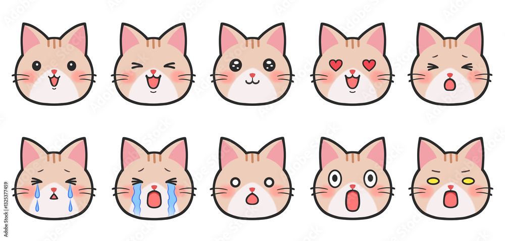 Fototapeta premium 猫のアイコン セット 素材 茶トラ あしらい 表情 キャラ 喜怒哀楽 笑う 喜ぶ 嬉しい 楽しい びっくり 驚く 号泣 コミカル 挿絵 飾り パーツ デフォルメ シンプル cute cat faces icon,tabby cat,kitty,kitten