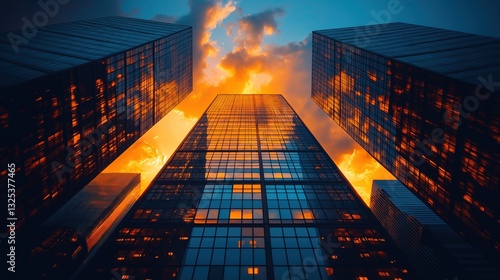 Wallpaper Mural A towering glass skyscraper stands amidst a bustling cityscape, bathed in golden hour light, evoking urban elegance and modern grandeur Torontodigital.ca