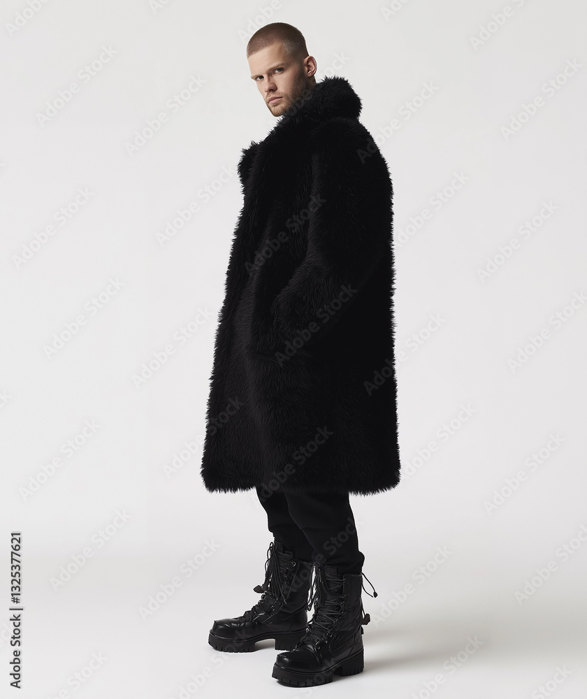 A man stands in front of the camera, wearing an oversized black mink coat with long sleeves and dark pants. A man stands in front of the camera, wearing an oversized black mink coat with long sleeves and dark pants.