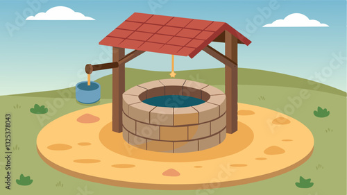 The villages main water source a well now sits empty its walls lined with the telltale white rings of water scarcity.. Vector illustration