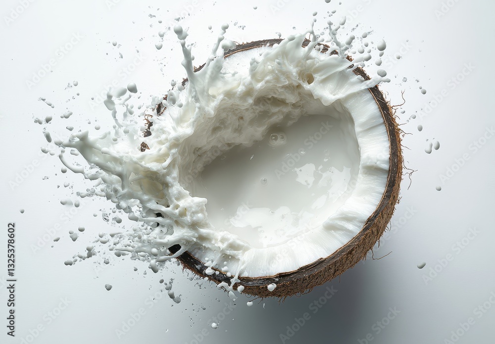 Coconut Half with Splashing Milk on White Background, Fresh and Natural, Dairy Alternative, Healthy Ingredient with Rich Texture and Vibrant Colors Coconut Half with Splashing Milk on White Background, Fresh and Natural, Dairy Alternative, Healthy Ingredient with Rich Texture and Vibrant Colors