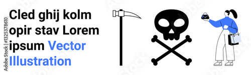 Woman holds bell, skull with crossbones symbolizes danger, and sickle represents labor. Ideal for warning, hazard, work safety, symbolism, modern design, infographics flat landing page banner