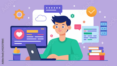 In a virtual coding bootcamp workshop a student shares their screen and walks through the stepbystep process of their coding project receiving realtime feedback and support from. Vector illustration