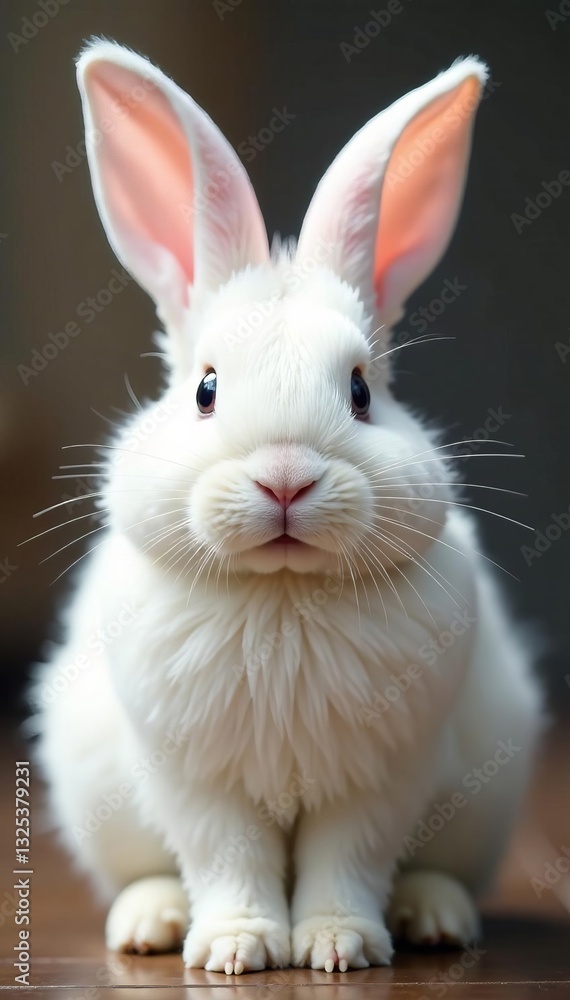 Obraz premium Close-up of fluffy white rabbit with pink ears, isolated, pet