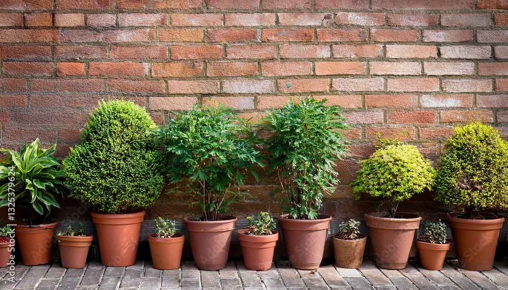 a row of potted plants sit on a brick wall a row of potted plants sit on a brick wall