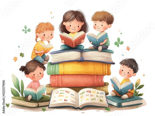 Cute Kids Enjoying Storybooks on Piles of Illustrated Books – Children's Book Day Art