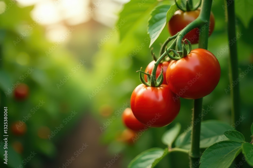 Crimson tomatoes heavy on vine, greenhouse glow , full, red, food Crimson tomatoes heavy on vine, greenhouse glow , full, red, food