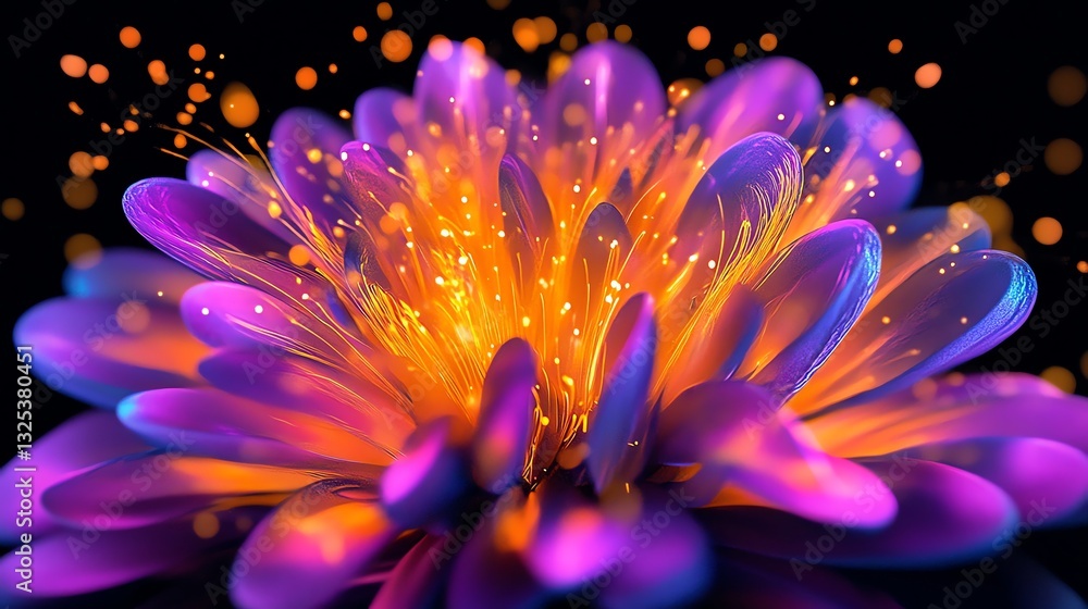 Fototapeta premium Glowing Flower with Vibrant Purple Petals and Bright Orange Center