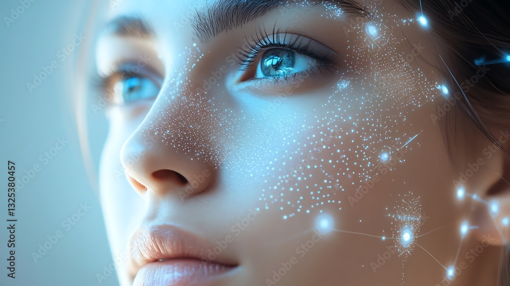Fototapeta premium A close-up of a young woman's face with sparkling details, emphasizing her expressive blue eyes and a futuristic, ethereal aesthetic.